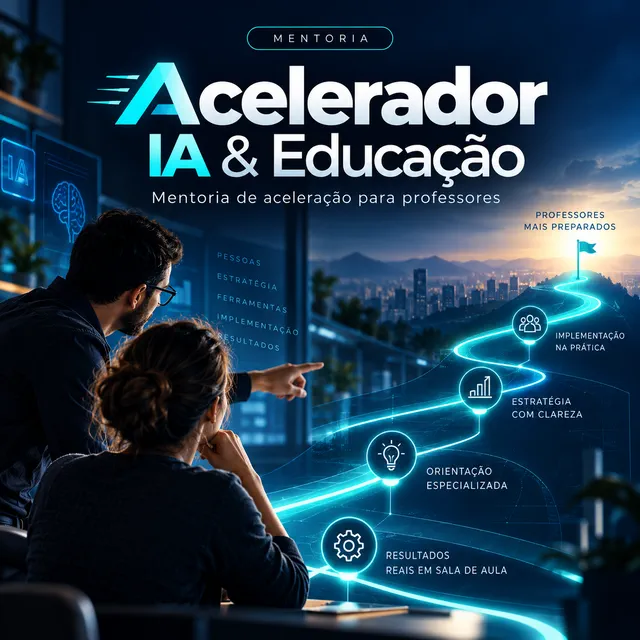 Arte do Acelerador IA & Educação, mentoria de aceleração para professores: duas pessoas diante de uma tela e uma trilha de luz até uma bandeira.