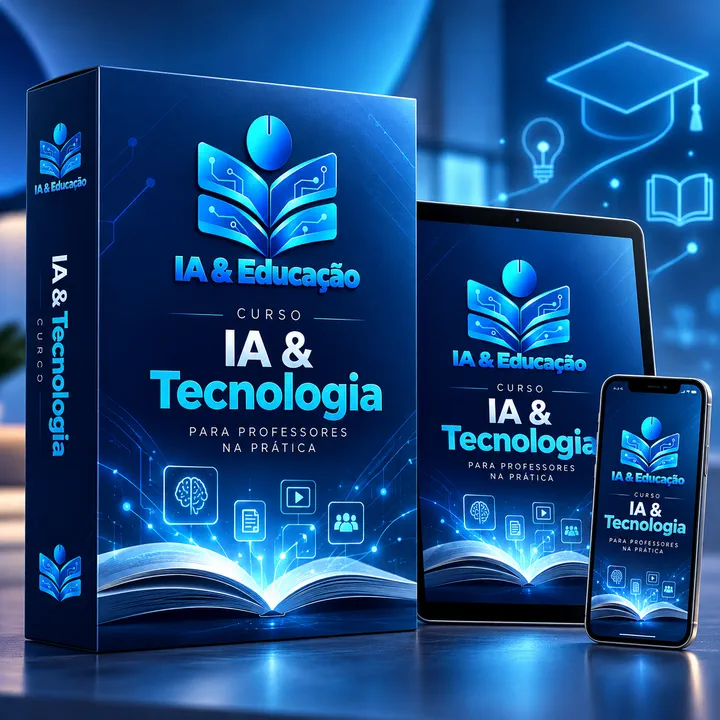 Arte do kit IA & Educação: a caixa do curso, um tablet e um celular com o logo, em azul.