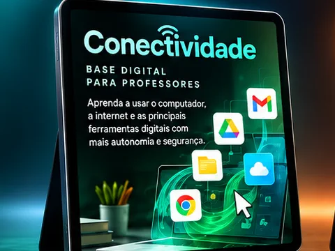 Tablet do curso Conectividade, com ícones de e-mail, nuvem, pasta e navegador.