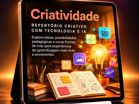 Tablet do curso Criatividade, com uma lâmpada acesa e um caderno aberto com desenhos.