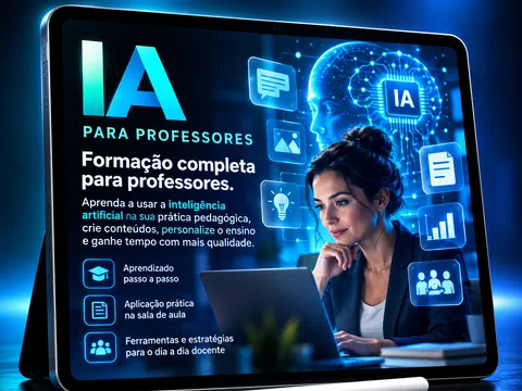 Tablet do curso IA para Professores, com o título em azul e uma professora diante do notebook.