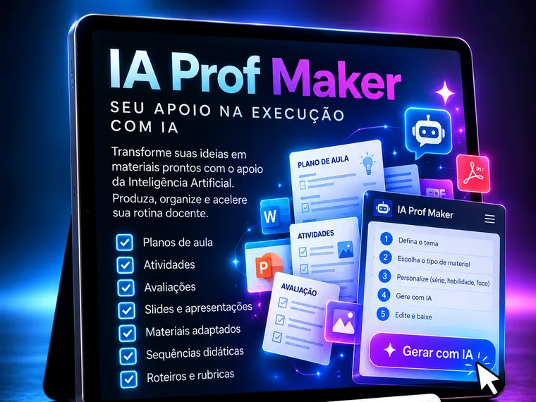 Tablet da IA Prof Maker, com a lista de materiais que ela ajuda a criar.