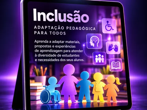 Tablet do curso Inclusão, com bonecos de papel coloridos de mãos dadas, um deles em cadeira de rodas.