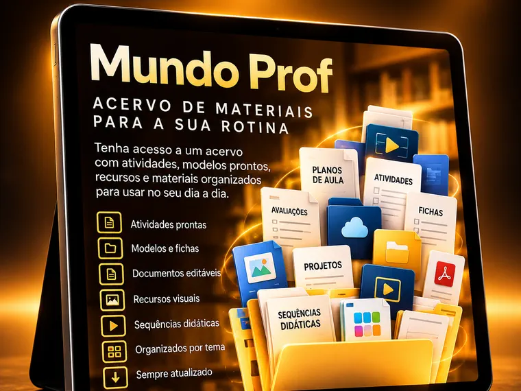 Tablet do Mundo Prof, com uma pasta amarela cheia de atividades, fichas e planos de aula.